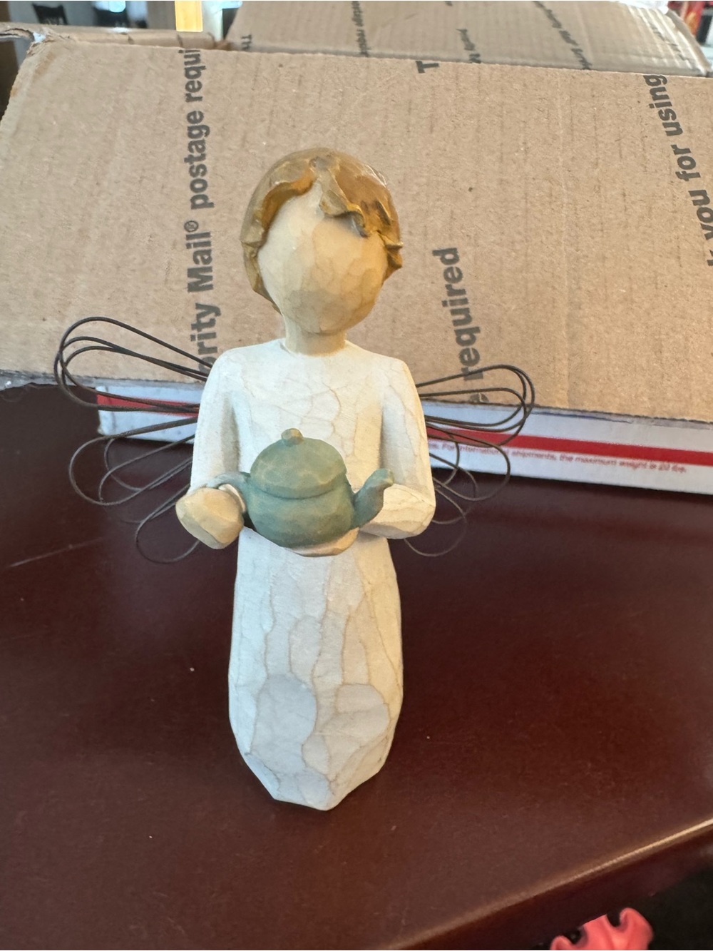 Willow Tree White Angel Figurine Holding Green Teapot